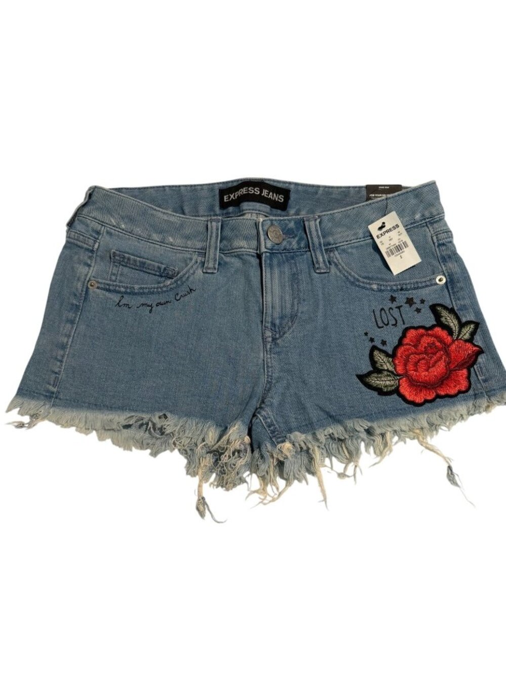 Express Womens Relaxed Low Rise Light Wash Denim Jeans Size 2 Rose Design EXWD-7